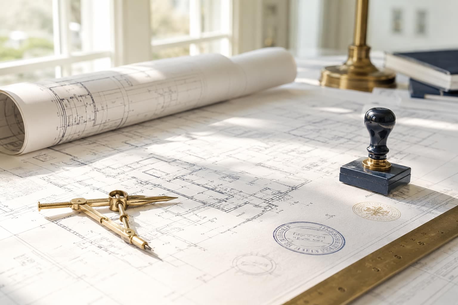Planos arquitectónicos con un compás de dibujo y un sello de aprobado