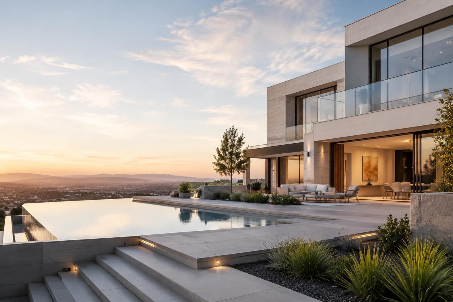 Una vivienda de lujo al amanecer bajo un cielo abierto