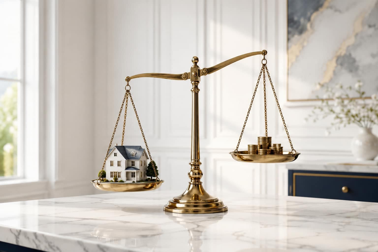 Una maqueta de casa equilibrada sobre una balanza de latón