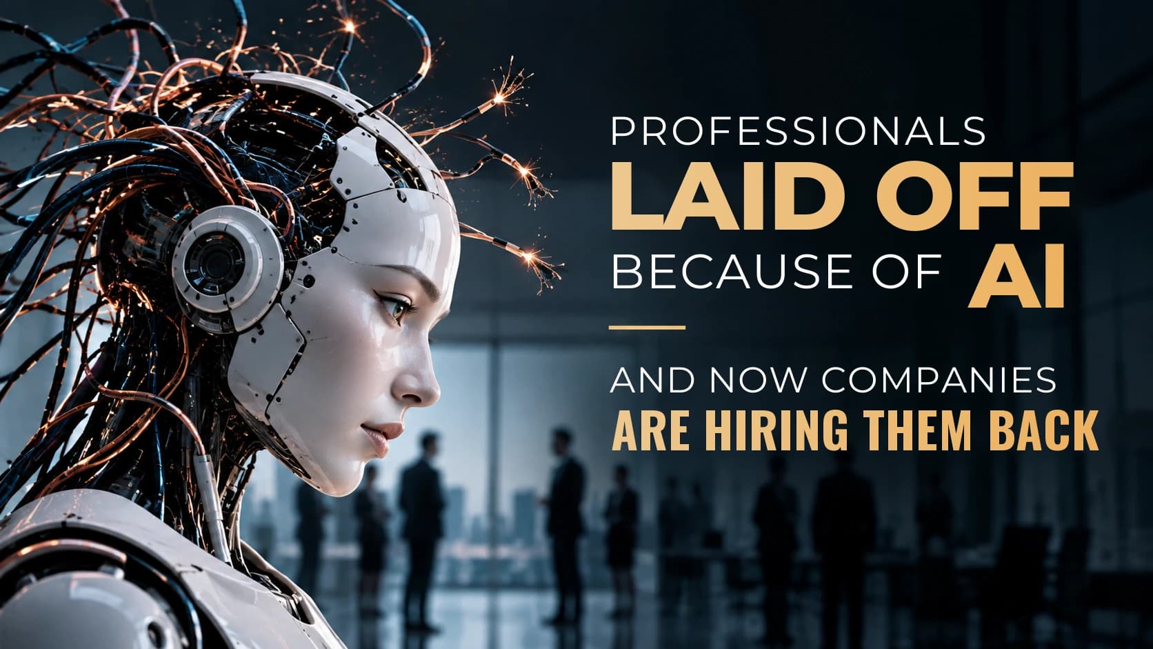 Client cover translated into English: conceptual profile of a robot in front of blurred office silhouettes and the headline “Professionals laid off because of AI, and now companies are hiring them back”.