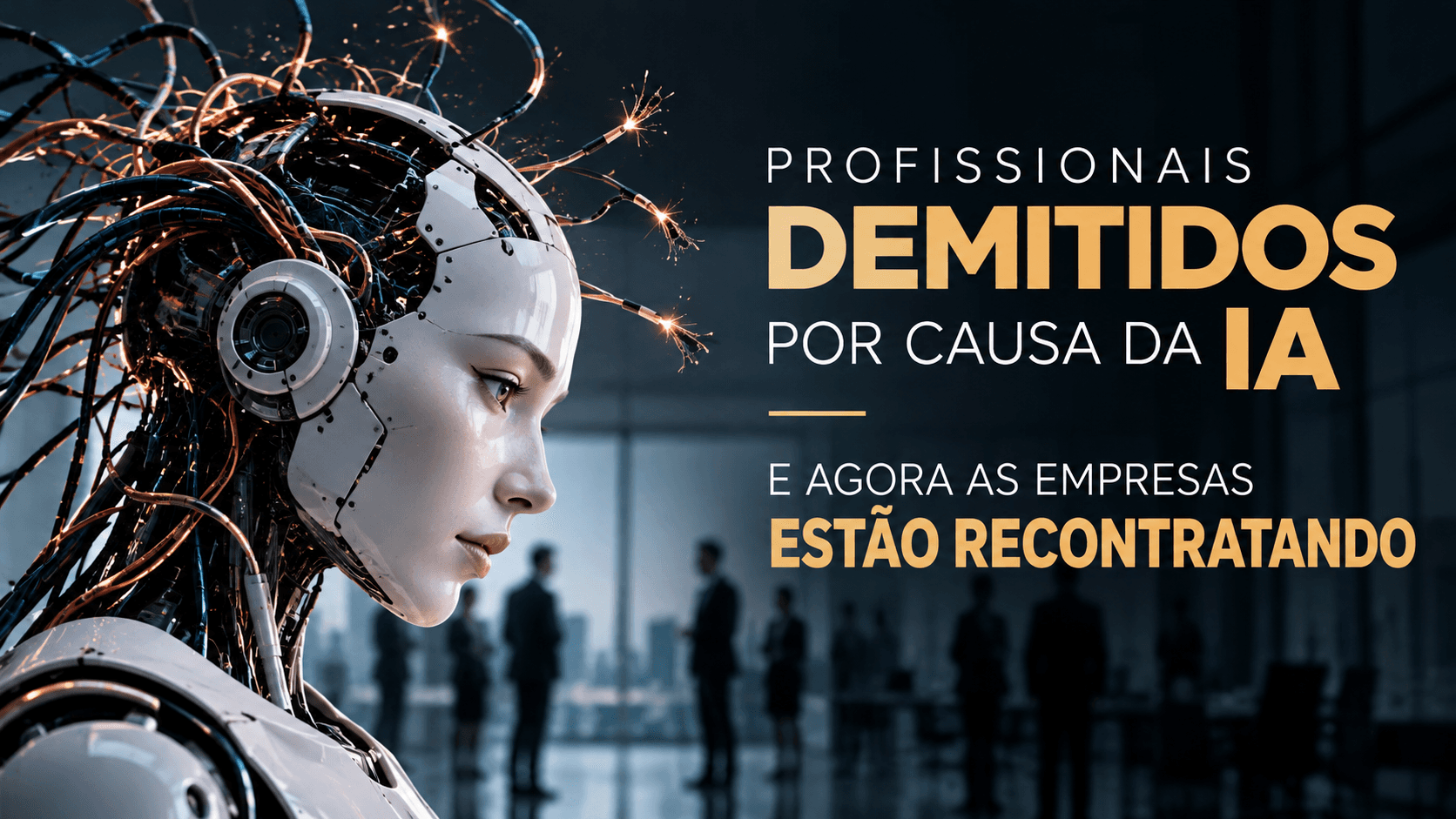 Capa da cliente: arte conceitual de um robô de perfil diante de silhuetas em um escritório e o título “Profissionais demitidos por causa da IA e agora as empresas estão recontratando”.