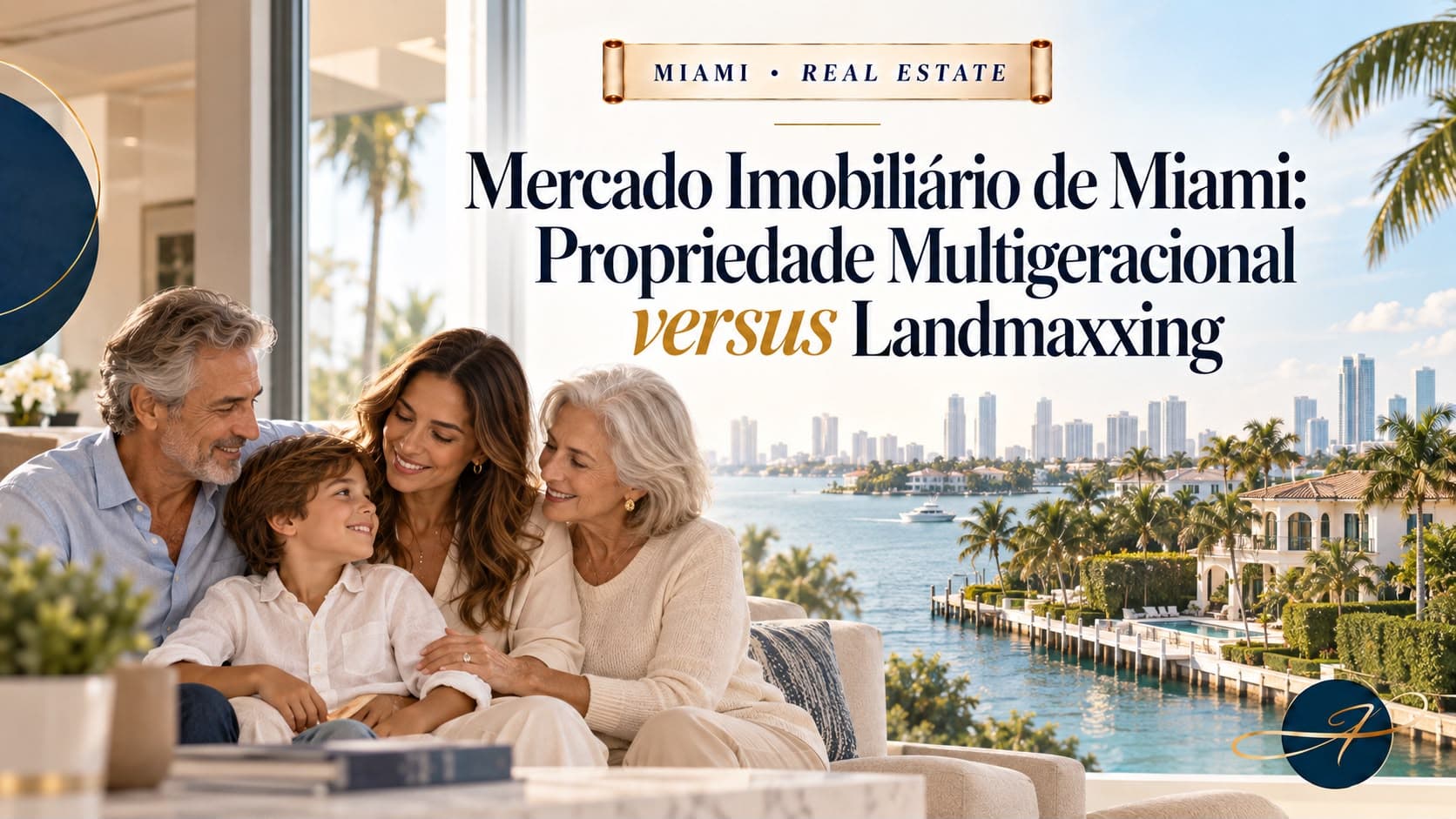 Capa aprovada: família de quatro pessoas e vista da baía com título sobre propriedade multigeracional e landmaxxing.