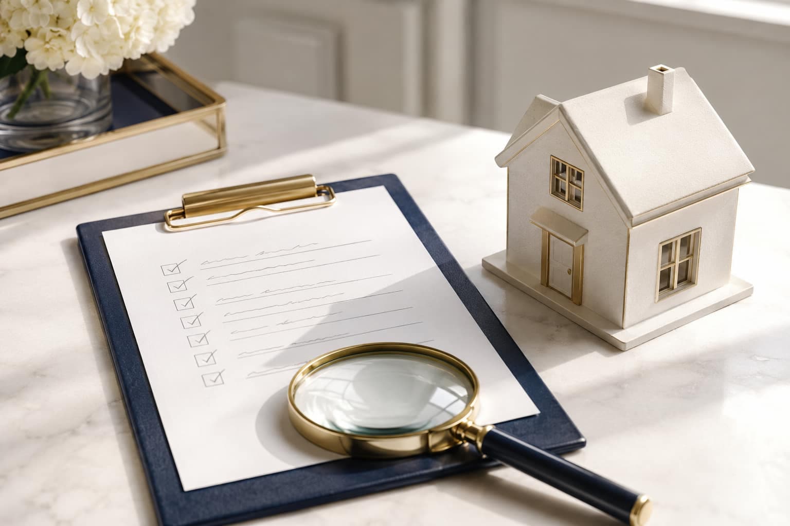 Una lista de verificación de inspección y una lupa junto a una maqueta de casa