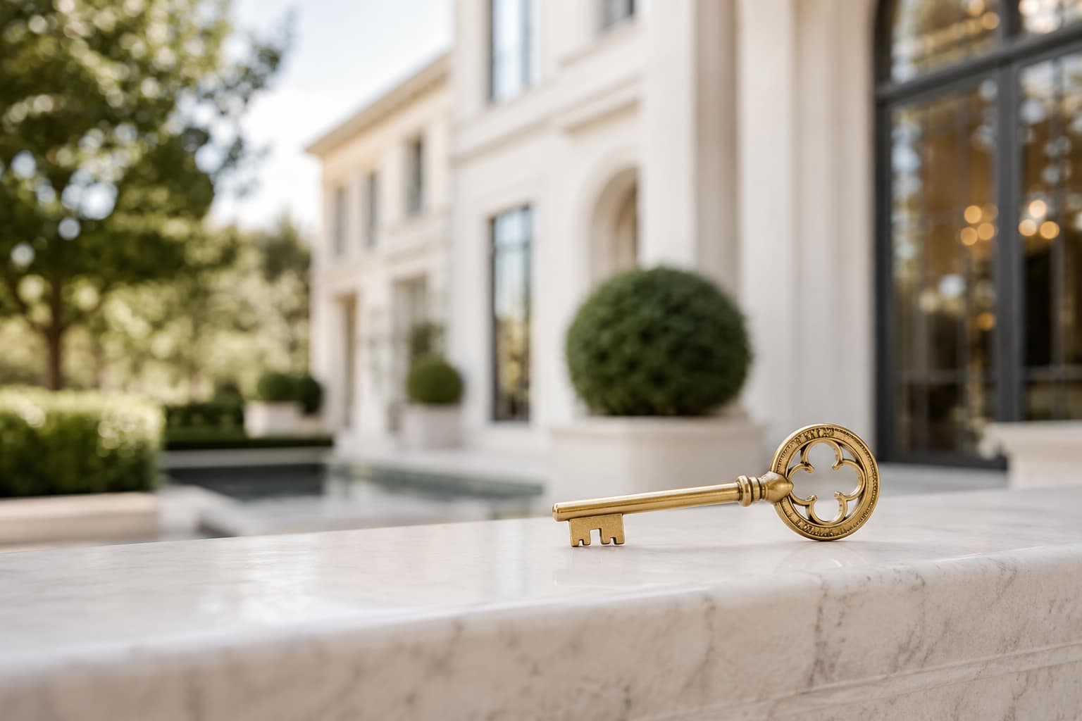 A brass key resting on pale marble beside a well-kept building