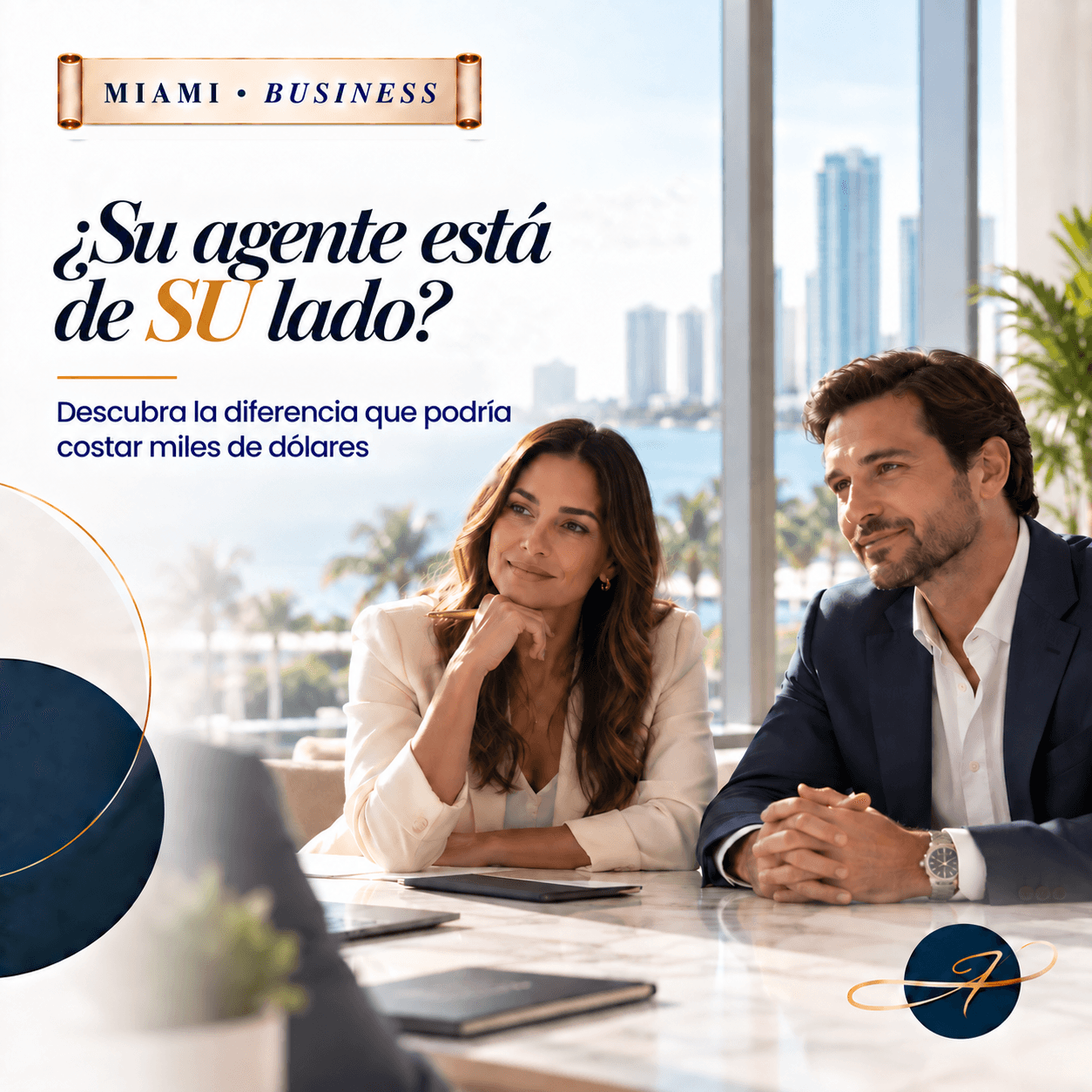 Portada aprobada traducida al español: dos personas en una reunión y el título “¿Su agente está de SU lado?”
