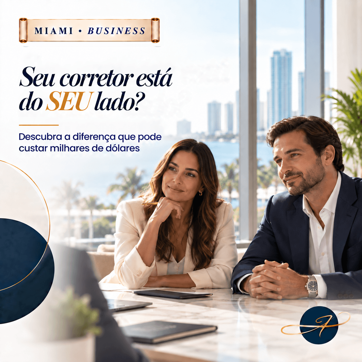 Capa aprovada: casal em reunião diante da baía e título “Seu corretor está do SEU lado?”.