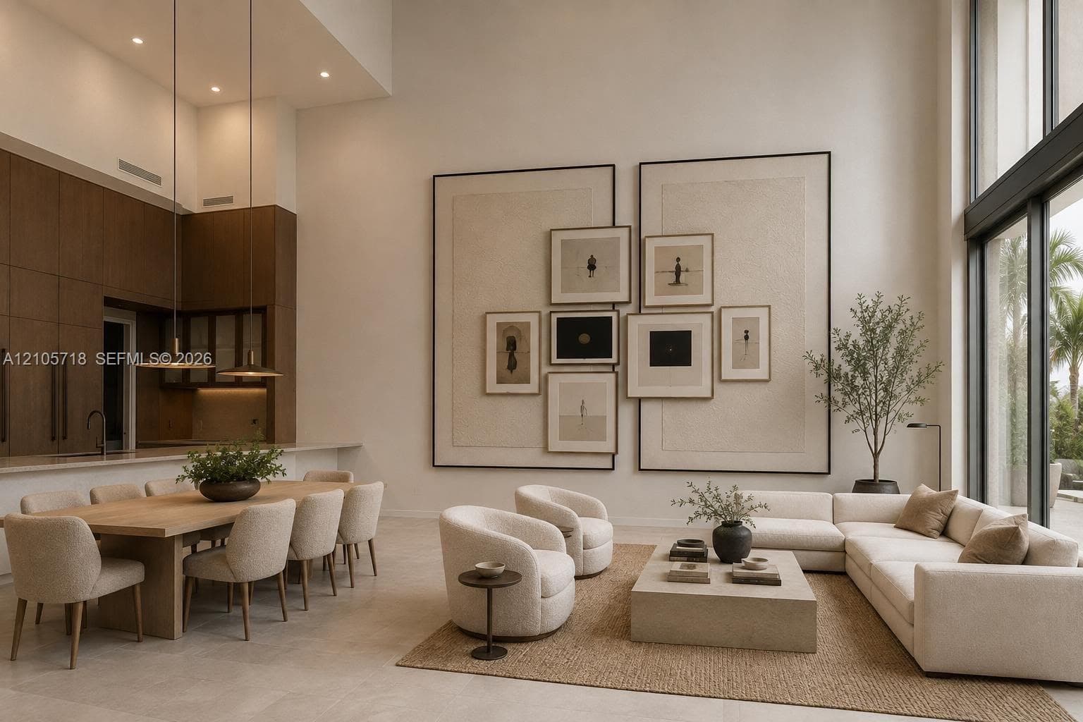 Double-height ceilings, floor-to-ceiling windows, custom built-in wall paneling, full-height dark wood-finish cabinetry, and neutral stone-finish flooring