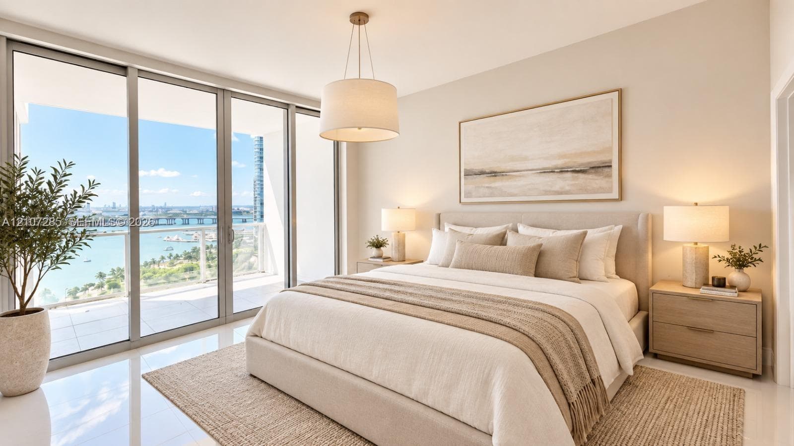 Floor-to-ceiling sliding glass doors, white tile flooring, drum pendant lighting, and a private balcony featuring a water backdrop ( AI used for interiors )