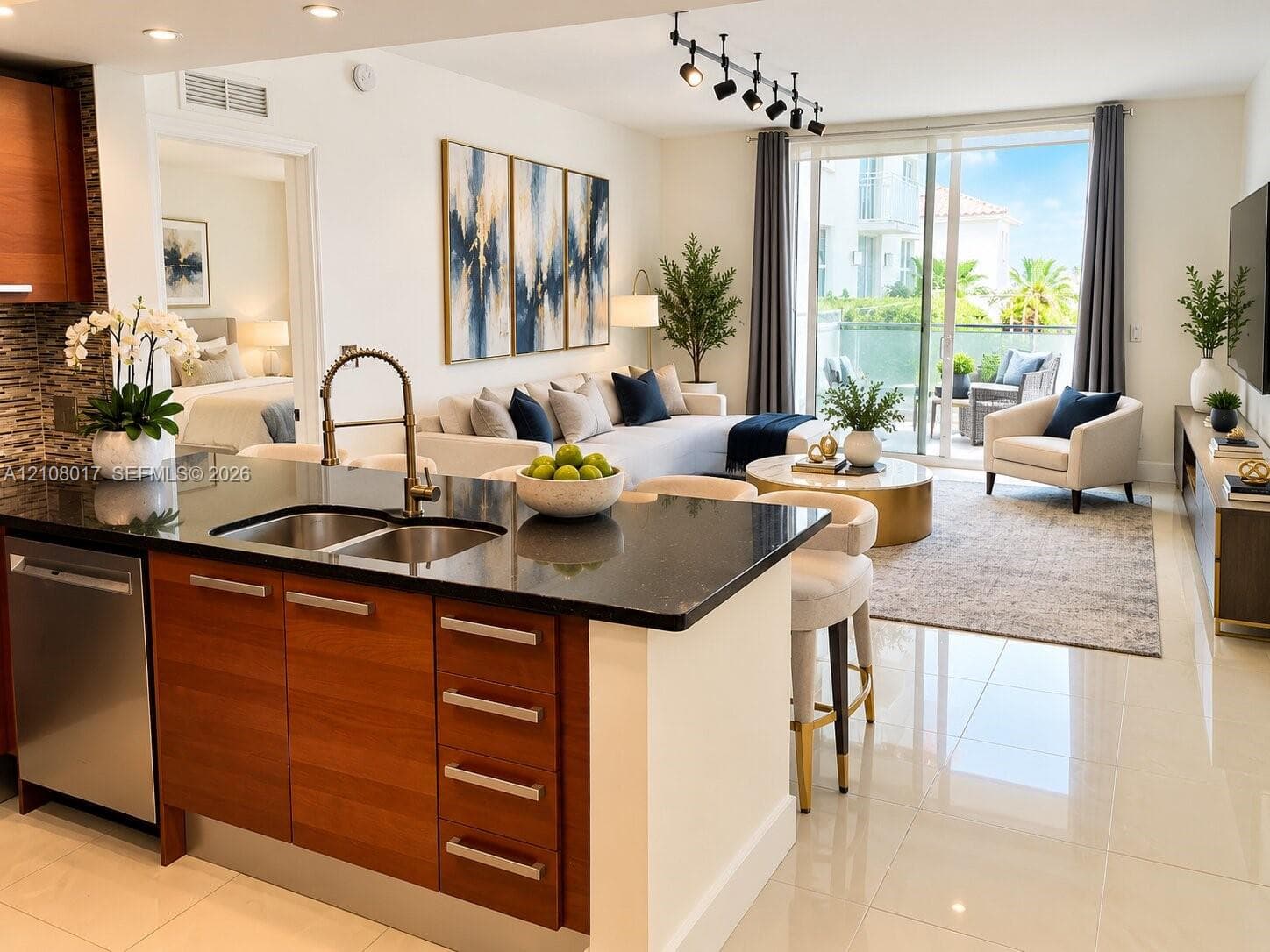 Kitchen featuring stone countertops, flat-panel wood cabinetry, stainless steel dishwasher, and gooseneck faucet, highlighted by polished tile flooring throughout