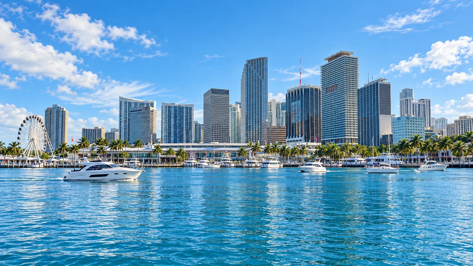 Daylight waterfront scene inspired by Downtown Miami, with skyline, marina and Biscayne Bay