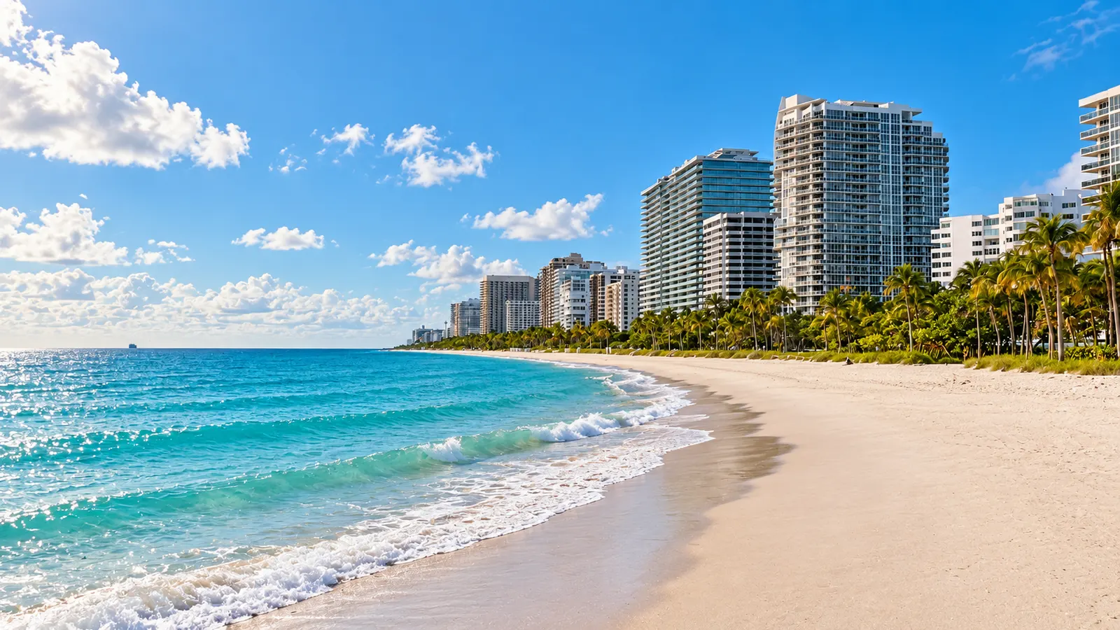 Playa de Bal Harbour, aguas turquesas del Atlántico y torres frente al mar de día