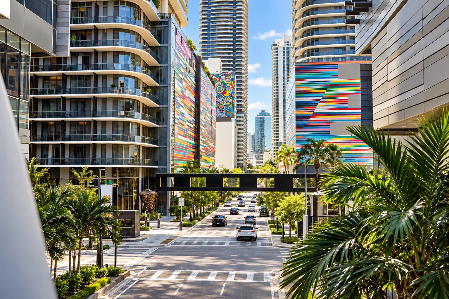 Escena urbana que representa Brickell, con fachadas coloridas, balcones curvos y palmeras