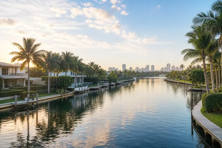 Calm Broward waterfront canal lined with palms and contemporary residences