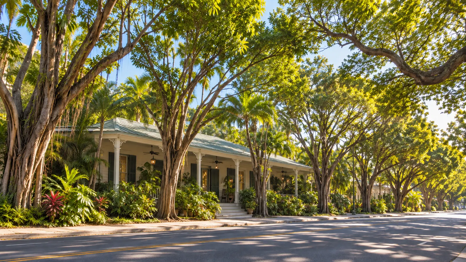Casa ilustrativa de una planta con veranda bajo árboles tropicales, vista desde la calle