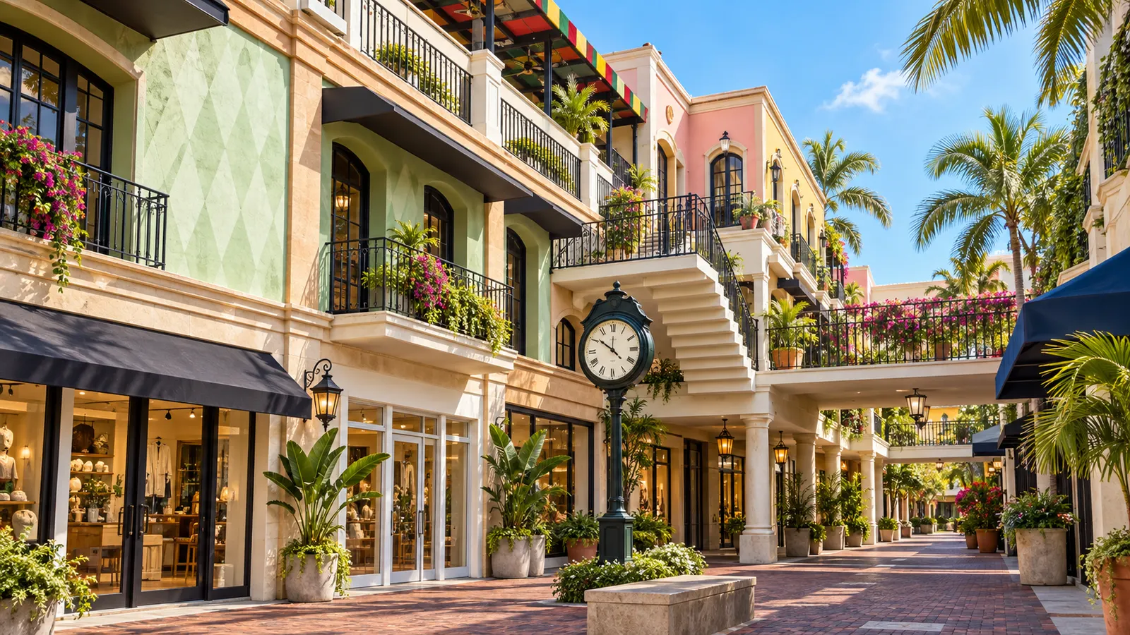 Patio comercial ilustrativo al aire libre con fachadas pastel, escalera exterior y reloj