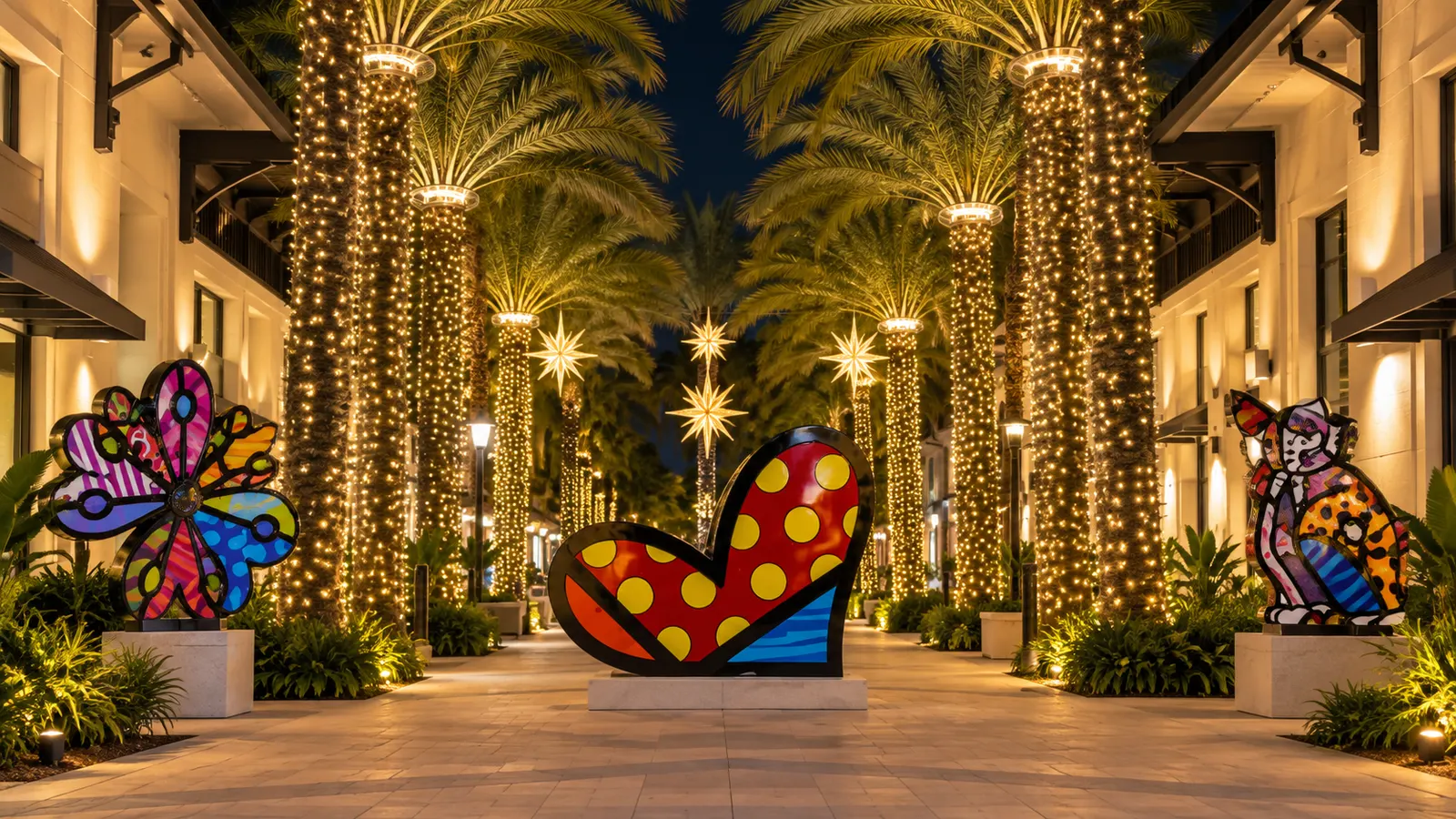 Vista ilustrativa del paseo de Collection at Midtown Miami de noche, con palmeras iluminadas y arte colorido