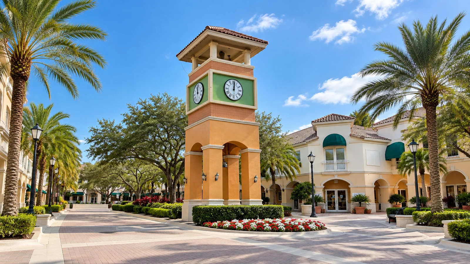 Escena diurna inspirada en Weston Town Center, con torre del reloj, palmeras y fachadas de estilo mediterráneo